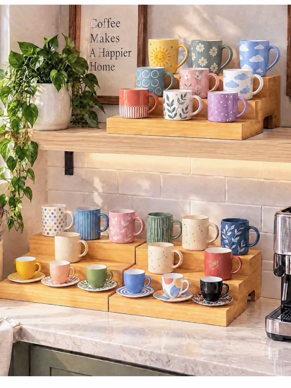 Assorted Color Ceramic Coffee Mugs Set - Bright Patterned Kitchen Mugs